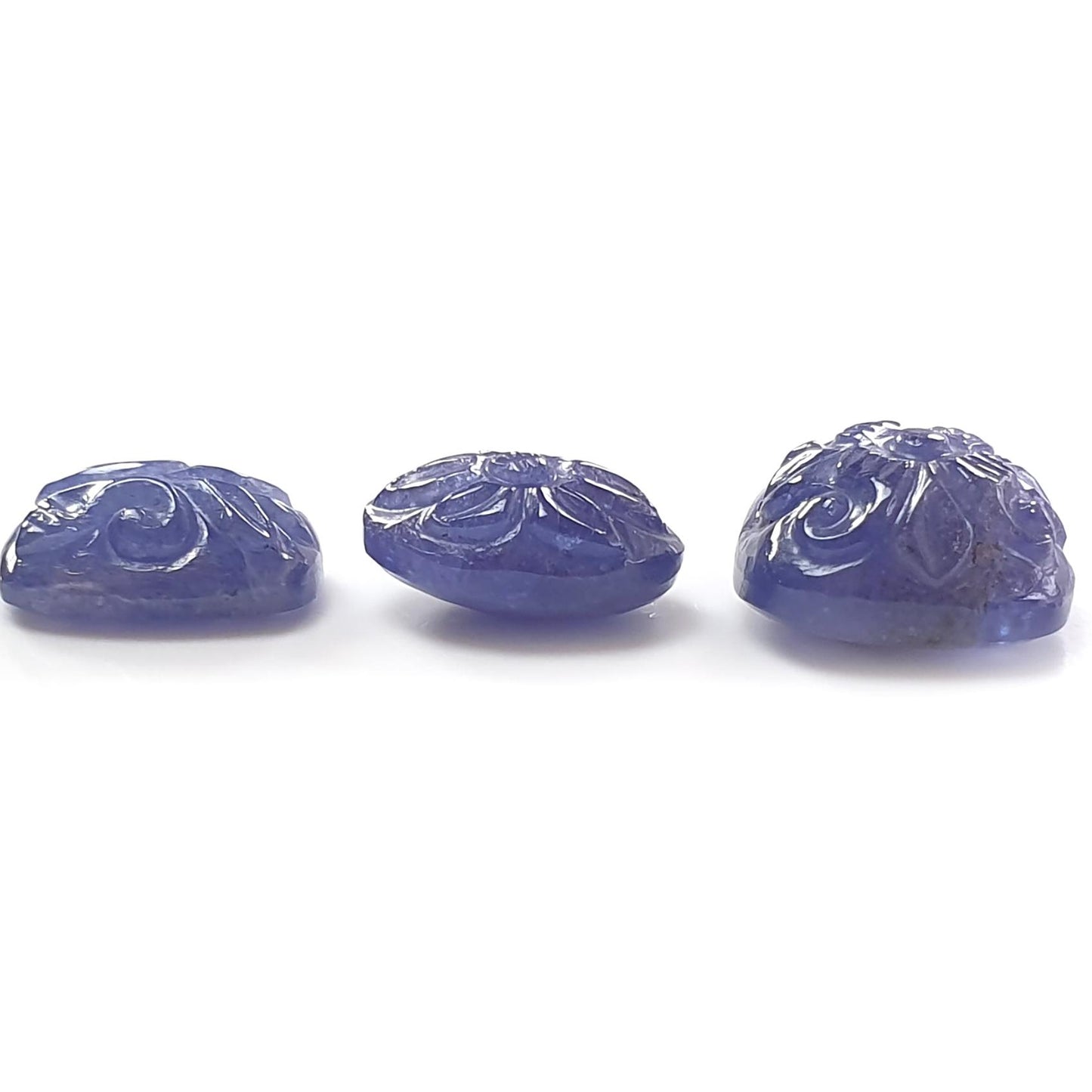 Tanzanite Gemstone Carving: Natural Blue Tanzanite Hand Carved Oval And Cushion Shape 3pcs Set For Jewelry