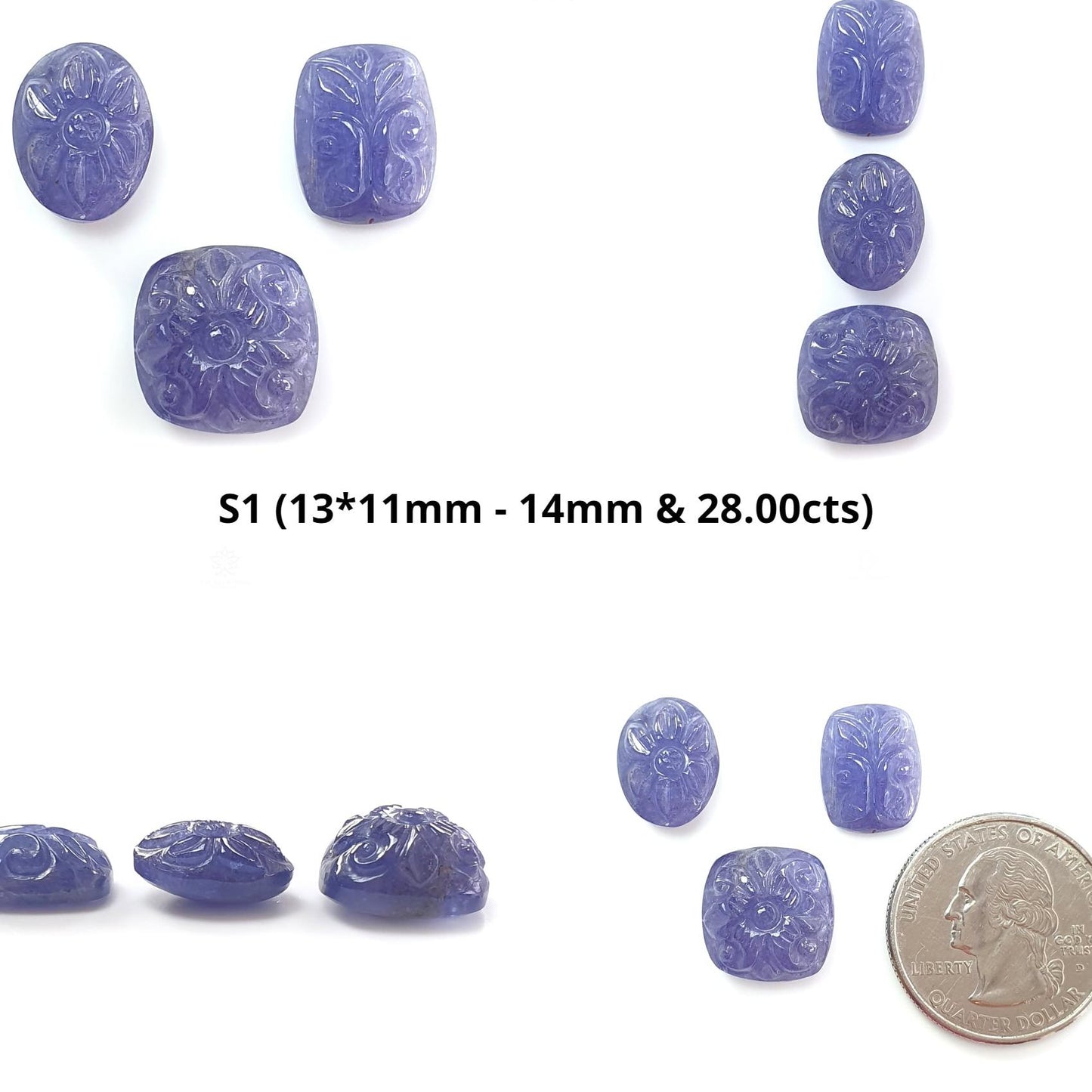 Tanzanite Gemstone Carving: Natural Blue Tanzanite Hand Carved Oval And Cushion Shape 3pcs Set For Jewelry