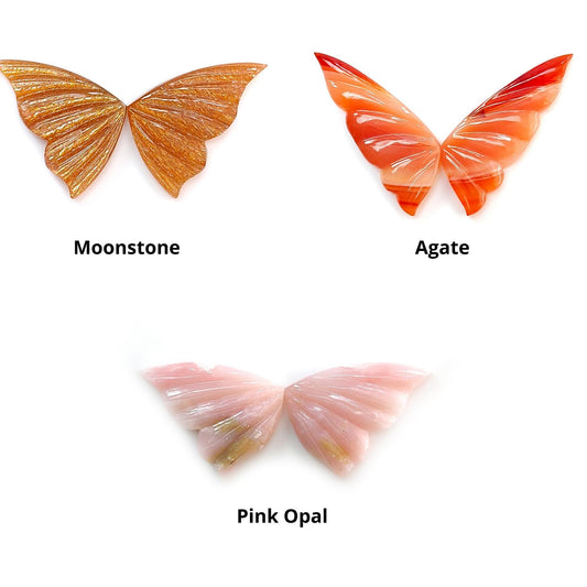 Peach Moonstone, Bi-Color Agate & Pink Opal Gemstone Carving: Natural Untreated Multi Color Gemstone Hand Carved Butterfly Pair for Jewelry