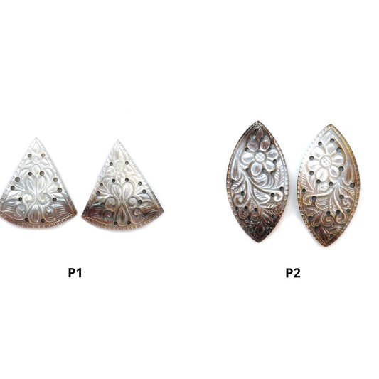 Mother of Pearl Gemstone Carving: Natural Untreated Black/White Mop Hand Carved Triangle, Marquise Shape Pair June Birthstone