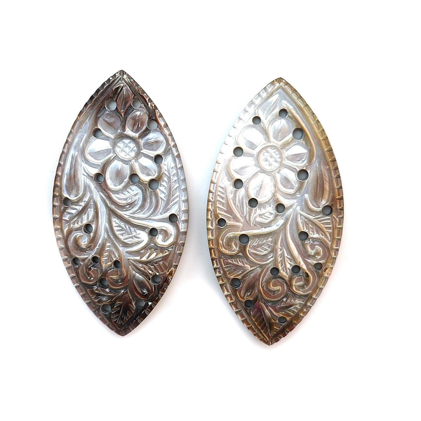 Mother of Pearl Gemstone Carving: Natural Untreated Black/White Mop Hand Carved Triangle, Marquise Shape Pair June Birthstone