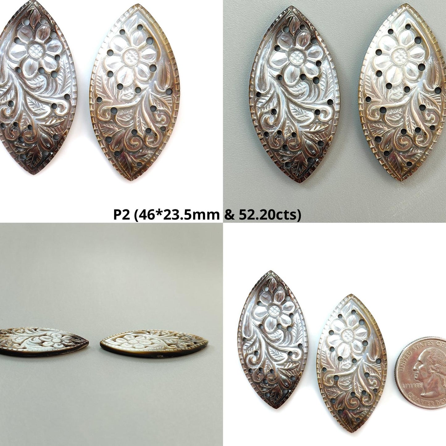 Mother of Pearl Gemstone Carving: Natural Untreated Black/White Mop Hand Carved Triangle, Marquise Shape Pair June Birthstone
