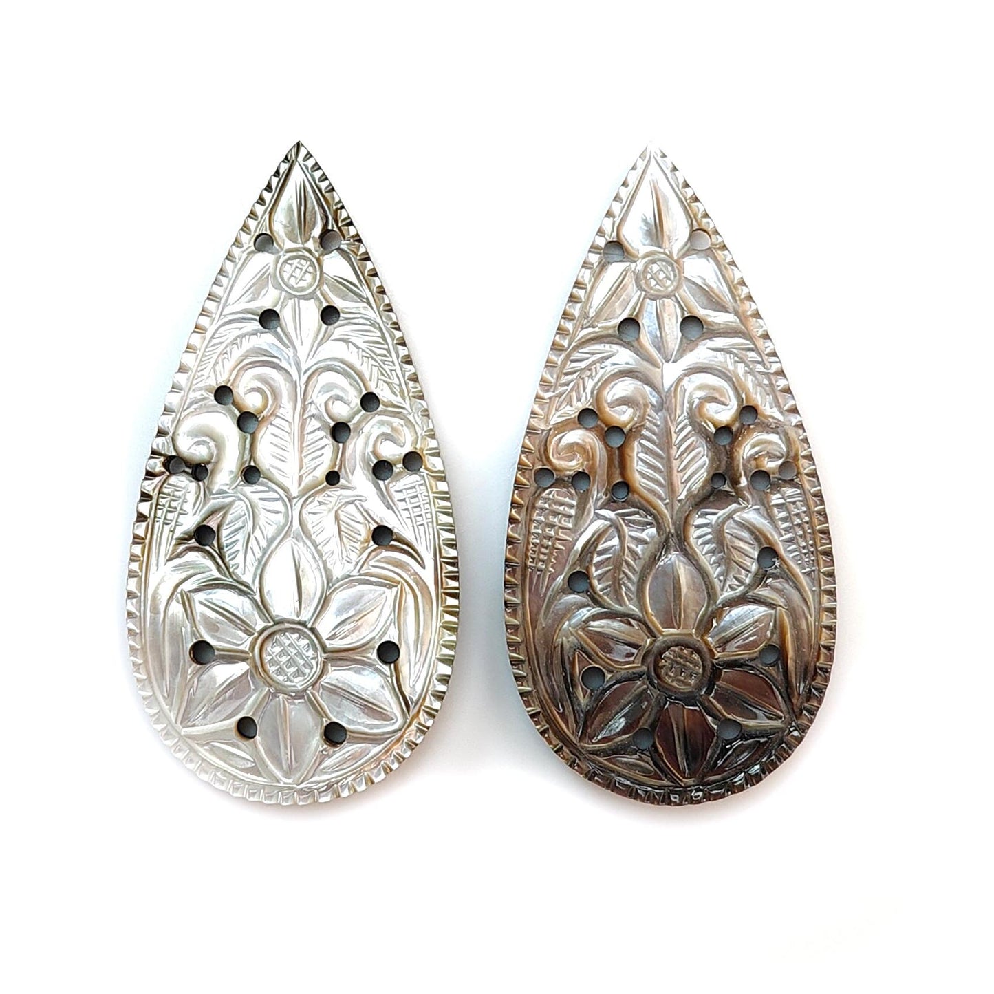 Mother of Pearl Gemstone Carving: Natural Untreated Black/White Mop Hand Carved Pear Shape Pair for Jewelry June Birthstone