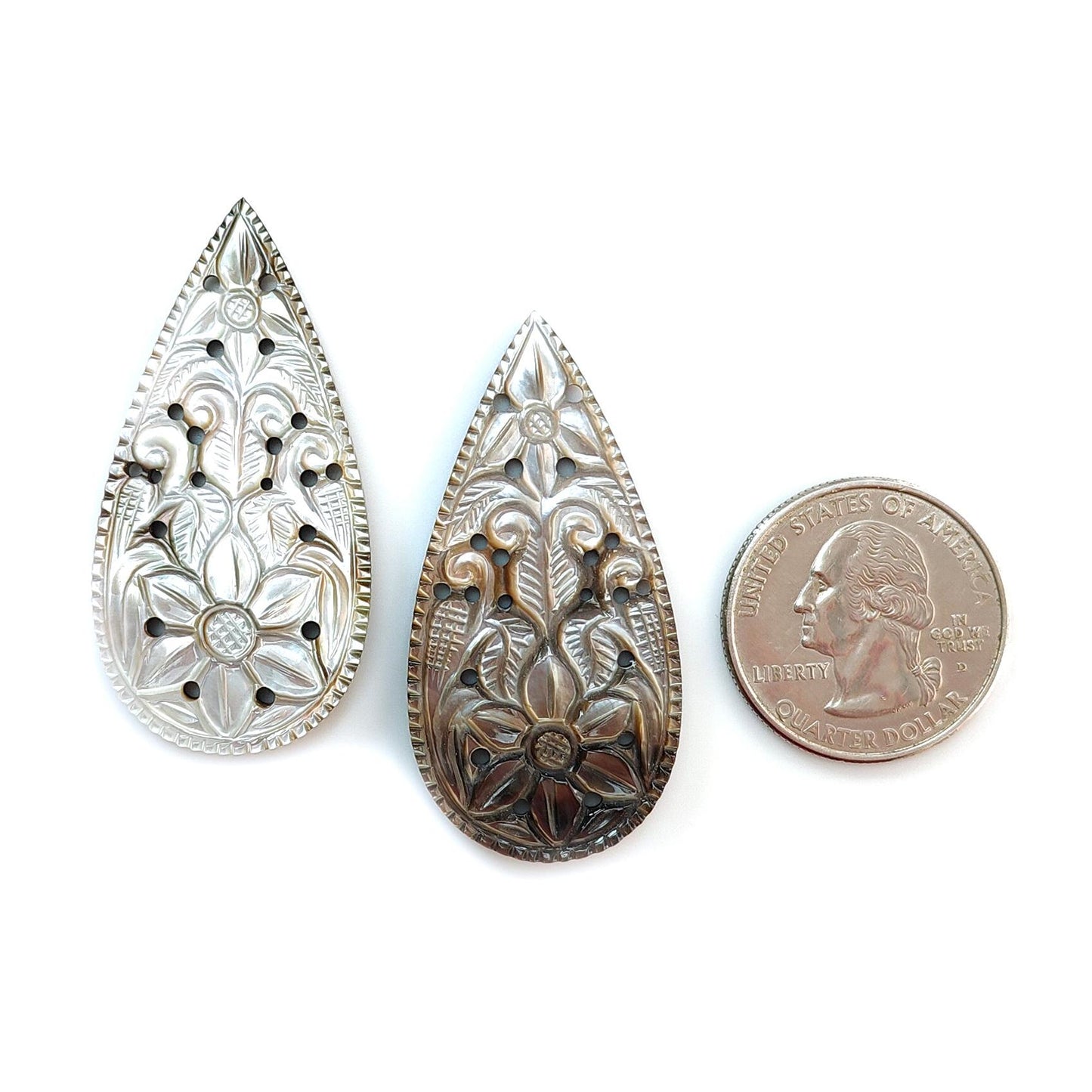 Mother of Pearl Gemstone Carving: Natural Untreated Black/White Mop Hand Carved Pear Shape Pair for Jewelry June Birthstone