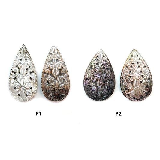 Mother of Pearl Gemstone Carving: Natural Untreated Black/White Mop Hand Carved Pear Shape Pair for Jewelry June Birthstone