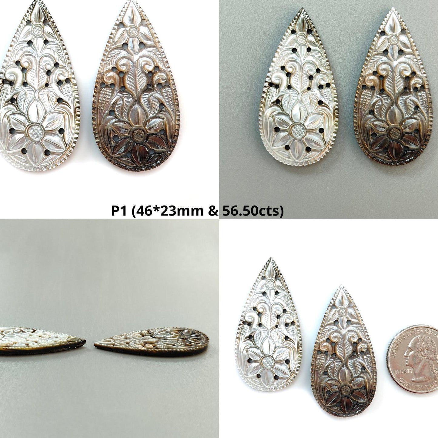 Mother of Pearl Gemstone Carving: Natural Untreated Black/White Mop Hand Carved Pear Shape Pair for Jewelry June Birthstone