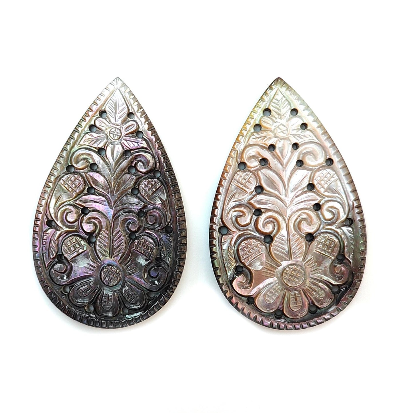 Mother of Pearl Gemstone Carving: Natural Untreated Black/White Mop Hand Carved Pear Shape Pair for Jewelry June Birthstone