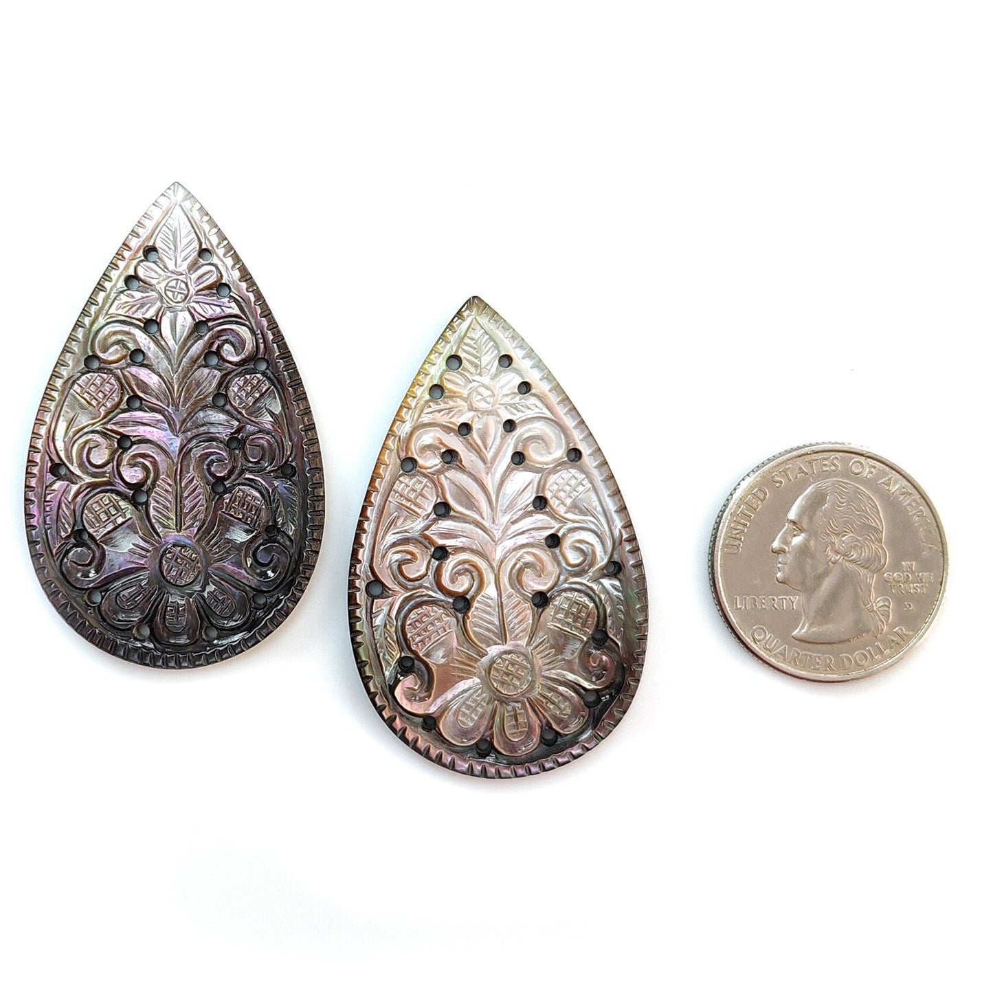 Mother of Pearl Gemstone Carving: Natural Untreated Black/White Mop Hand Carved Pear Shape Pair for Jewelry June Birthstone