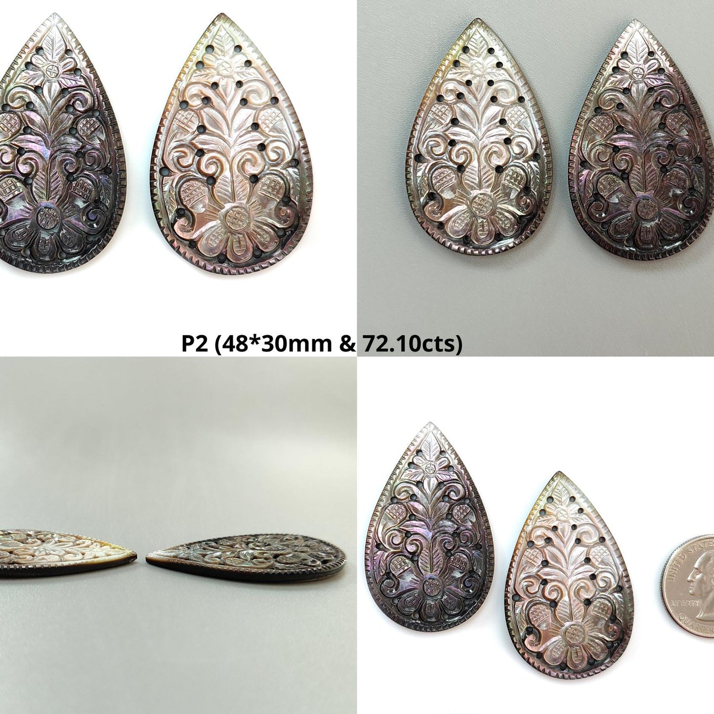 Mother of Pearl Gemstone Carving: Natural Untreated Black/White Mop Hand Carved Pear Shape Pair for Jewelry June Birthstone