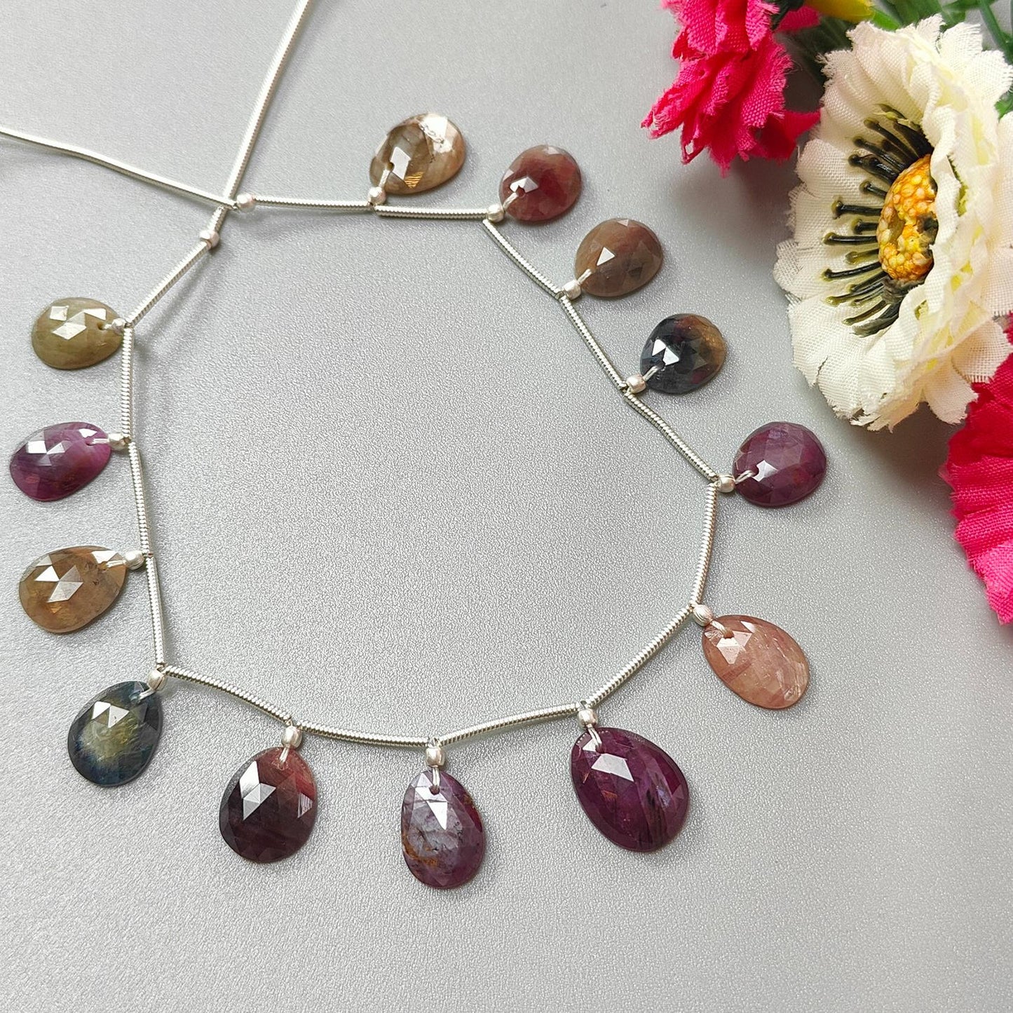 Multi Sapphire Faceted Loose Beads: 54.80cts Natural Untreated Sapphire Rose Cut Egg Shape 925 Silver Loose Beads 11*8mm - 14*10mm