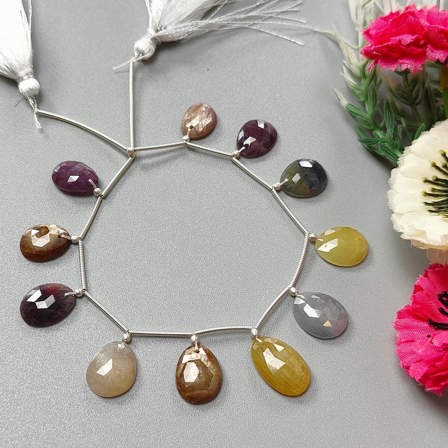 Multi Sapphire Faceted Loose Beads: 70.00cts Natural Untreated Sapphire Rose Cut Egg Shape 925 Silver Loose Beads 12*9mm - 17*11mm