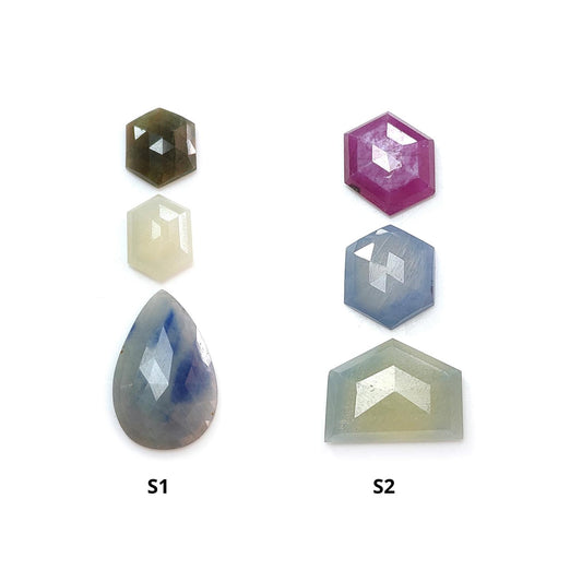 Multi Sapphire Gemstone Step & Rose Cut Slices: Natural Untreated Unheated Sapphire Pear, Hexagon Shape Faceted 3pcs Set for Jewelry