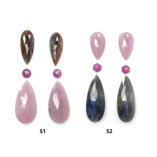 Multi Sapphire Gemstone Rose Cut Slices: Natural Untreated Unheated Sapphire Pear Shape Faceted 6pcs Set for Jewelry