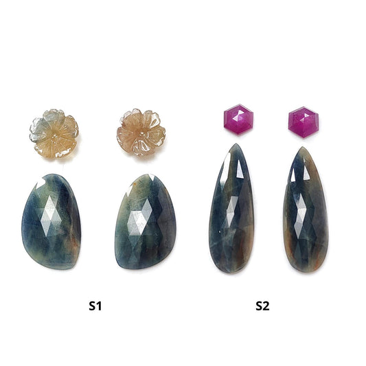 Multi Sapphire Gemstone Rose Cut Slices: Natural Untreated Unheated Sapphire Pear, Fancy Shape Faceted 4pcs Set for Jewelry