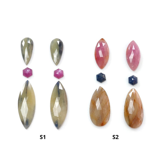 Multi Sapphire Gemstone Rose Cut Slices: Natural Untreated Unheated Sapphire Marquise, Pear Shape Faceted 6pcs Set for Jewelry