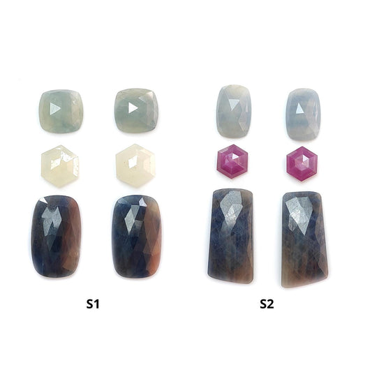Multi Sapphire Gemstone Rose Cut Slices: Natural Untreated Bi-Color Sapphire Cushion, Baguette & Hexagon Shape Faceted 6pcs Sets for Jewelry