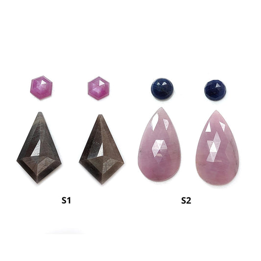 Multi Sapphire Gemstone Rose Cut Slices: Natural Untreated Bi-Color Sapphire Pear, Fancy Shape Faceted 4pcs Sets for Jewelry