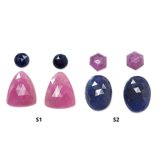 Multi Sapphire Gemstone Rose Cut Slices: Natural Untreated Blue, Pink Sapphire Oval, Fancy Shape Faceted 4pcs Sets for Jewelry