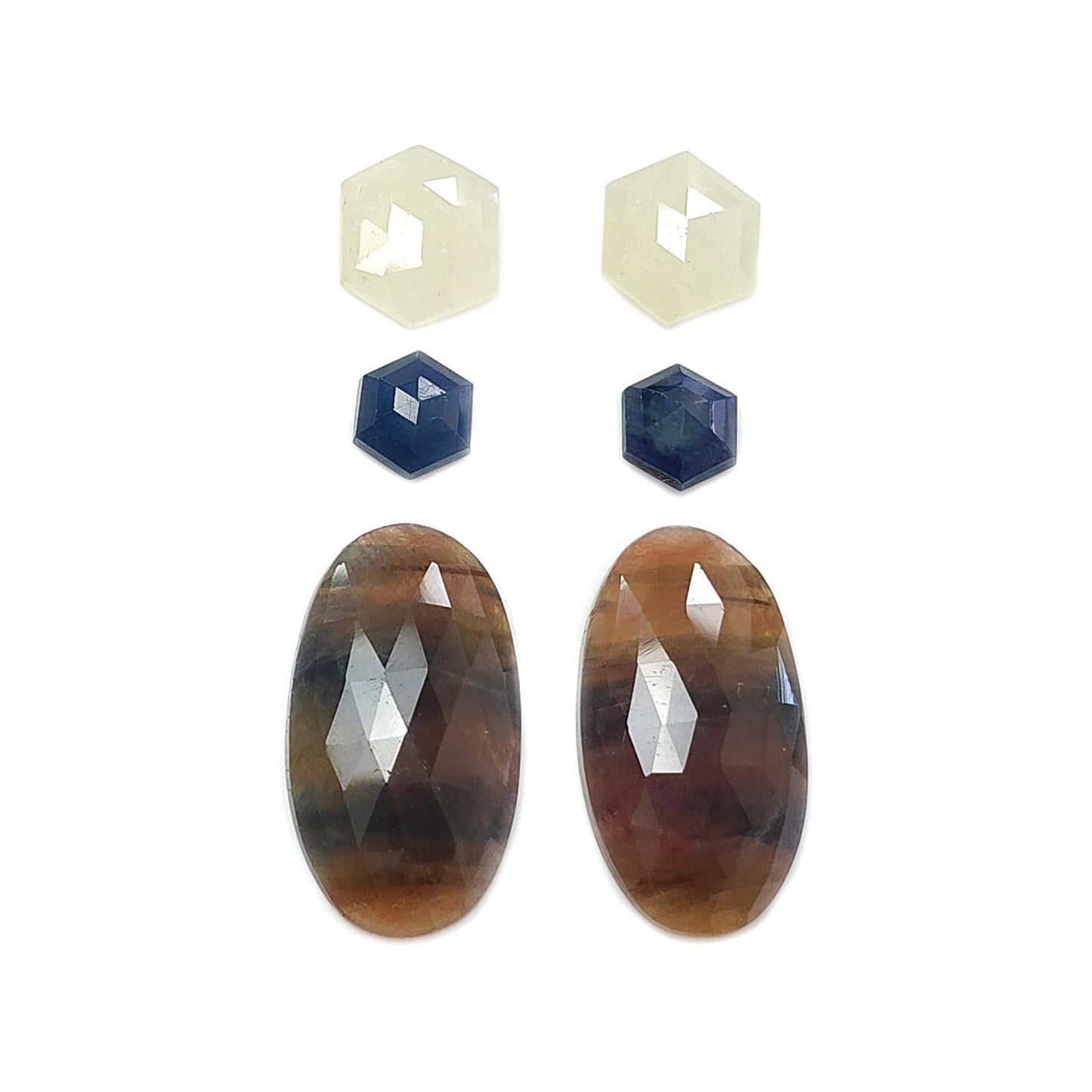 Multi Sapphire Gemstone Rose Cut Slices: Natural Untreated Unheated Sapphire Faceted Hexagon, Oval Shape 6pcs Set for Jewelry