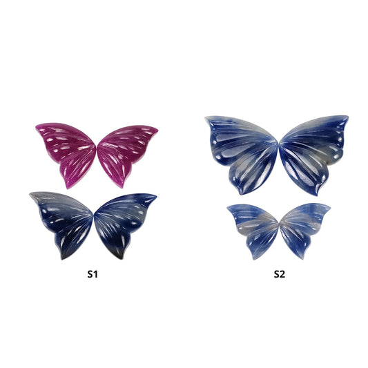 Multi Sapphire & Ruby Gemstone Carving : Natural Untreated Bi-Color Sapphire Hand Carved Butterfly 2pairs Set