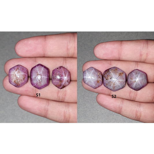 Johnson Star Ruby Gemstone Cabochon : 82cts - 97cts Natural Untreated Unheated Both Side 6Ray Star Ruby Hexagon Shape 3Pcs Sets