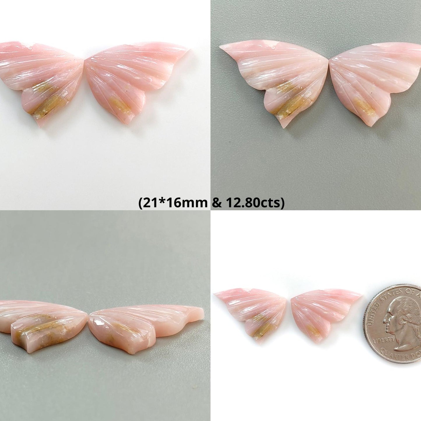Peach Moonstone, Bi-Color Agate & Pink Opal Gemstone Carving: Natural Untreated Multi Color Gemstone Hand Carved Butterfly Pair for Jewelry