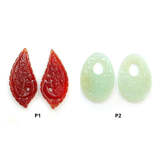 Orange, Green Onyx Gemstone Carving: Natural Color Enhanced Onyx Hand Carved Fancy, Egg Shapes Pair for Jewelry July Birthstone