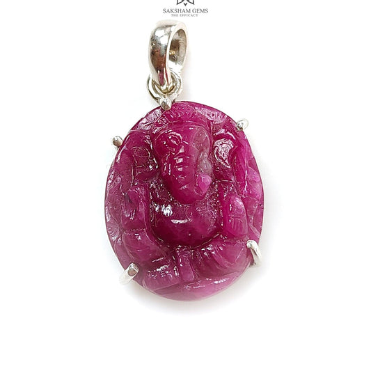 Ruby Ganesha Carving Silver Pendant 5.97gms