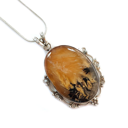 Tiger Dendrite Agate Plain Silver Pendant: 13.32gms Natural Untreated Bi-Color Agate Oval 925 Sterling Silver Bezel Set Pendant 2.00"