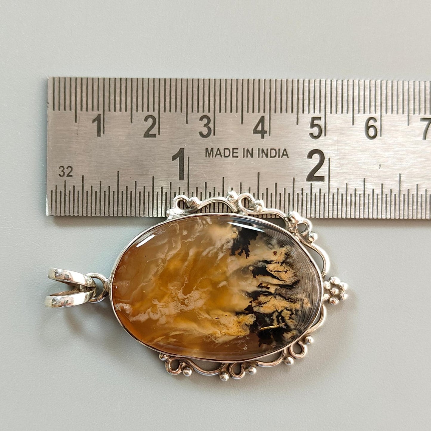 Tiger Dendrite Agate Plain Silver Pendant: 13.32gms Natural Untreated Bi-Color Agate Oval 925 Sterling Silver Bezel Set Pendant 2.00"