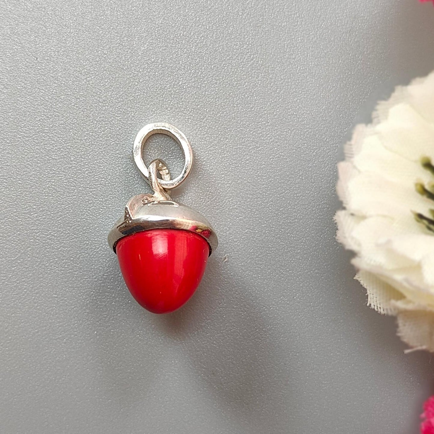 Red Coral Gemstone 925 Sterling Silver Pendant: 3.27gms Synthetic Coral Bezel Set Regular Size Bullet Pendant with Normal Loop 1"