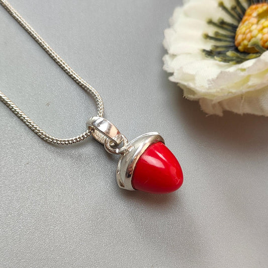 Red Coral Gemstone 925 Sterling Silver Pendant: 3.27gms Synthetic Coral Bezel Set Regular Size Bullet Pendant with Normal Loop 1"