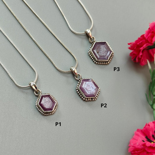 Raspberry Purple Ruby Faceted Silver Pendant: Natural Untreated Sheen Ruby Hexagon Normal Cut 925 Sterling Silver Bezel Set Pendant