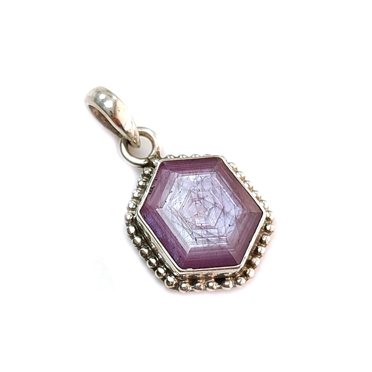 Raspberry Purple Ruby Faceted Silver Pendant: Natural Untreated Sheen Ruby Hexagon Normal Cut 925 Sterling Silver Bezel Set Pendant