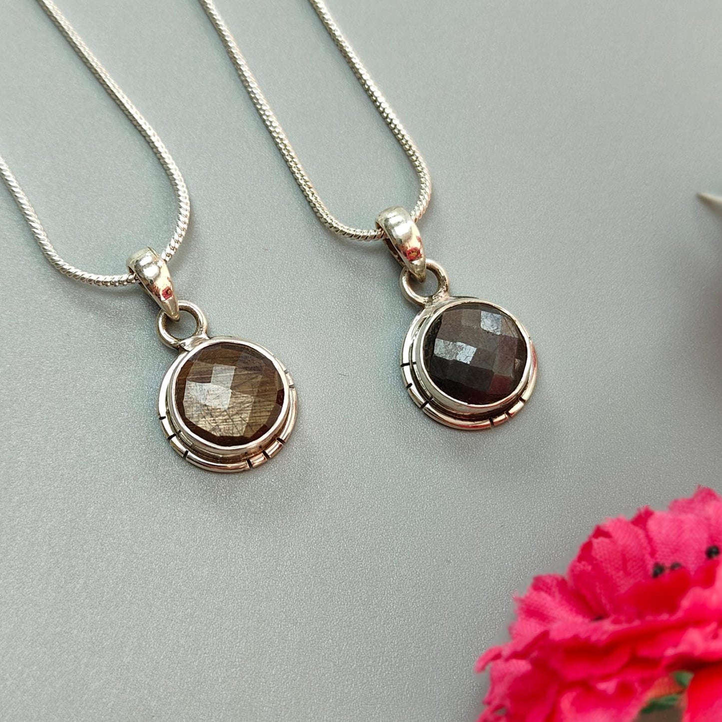 Golden, Silver Sapphire Faceted Silver Pendant: Natural Untreated Sapphire Round Checker Cut 925 Sterling Silver Bezel Set Pendant