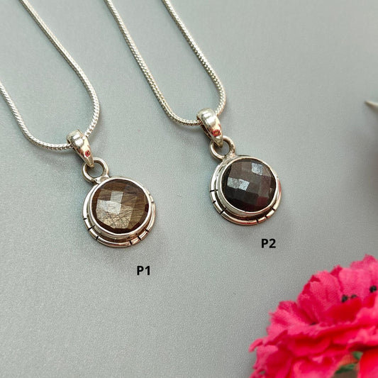 Golden, Silver Sapphire Faceted Silver Pendant: Natural Untreated Sapphire Round Checker Cut 925 Sterling Silver Bezel Set Pendant