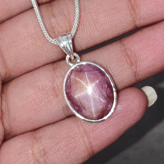 Star Ruby Silver Pendant: 4.14gms Natural Untreated Star Ruby Oval Shape Cabochon 925 Sterling Silver Bezel Set Pendant 1"