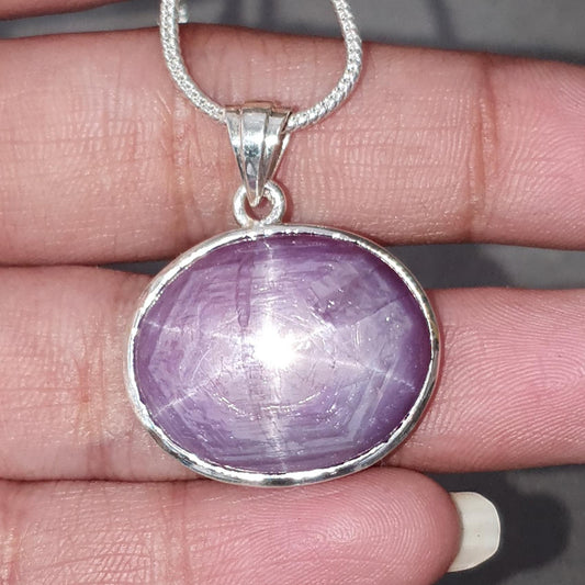 Star Ruby Silver Pendant: 7.12gms Natural Untreated Star Ruby Oval Shape Cabochon 925 Sterling Silver Bezel Set Pendant 1"