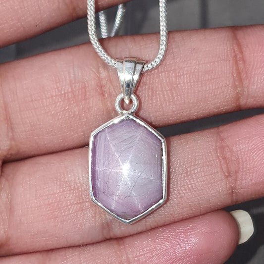 Star Ruby Silver Pendant: 4.30gms Natural Untreated Star Ruby Hexagon Shape Cabochon 925 Sterling Silver Bezel Set Pendant 1.10"