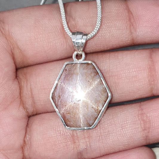 Star Ruby Silver Pendant: 5.48gms Natural Untreated Star Ruby Hexagon Shape Cabochon 925 Sterling Silver Bezel Set Pendant 1.30"