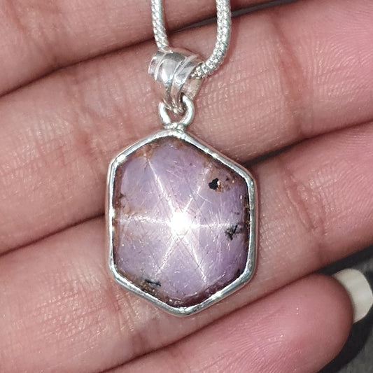 Star Ruby Silver Pendant: 4.05gms Natural Untreated Both Side Star Ruby Hexagon Plain Briolette 925 Sterling Silver Bezel Set Pendant 1.30"
