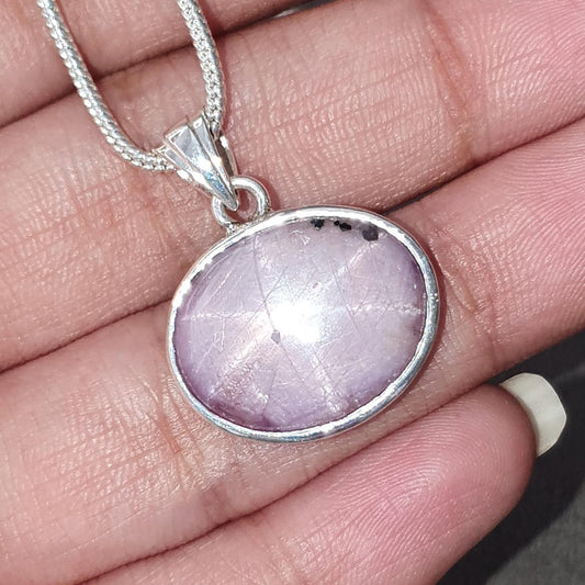 Star Ruby Silver Pendant: 4.01gms Natural Untreated Both Side Star Ruby Oval Shape Plain Briolette 925 Sterling Silver Bezel Set Pendant 1"