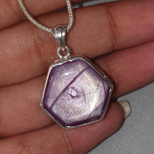 Star Ruby Silver Pendant: 8.48gms Natural Untreated Star Ruby Hexagon Shape Plain 925 Sterling Silver Bezel Set Pendant 1.30"