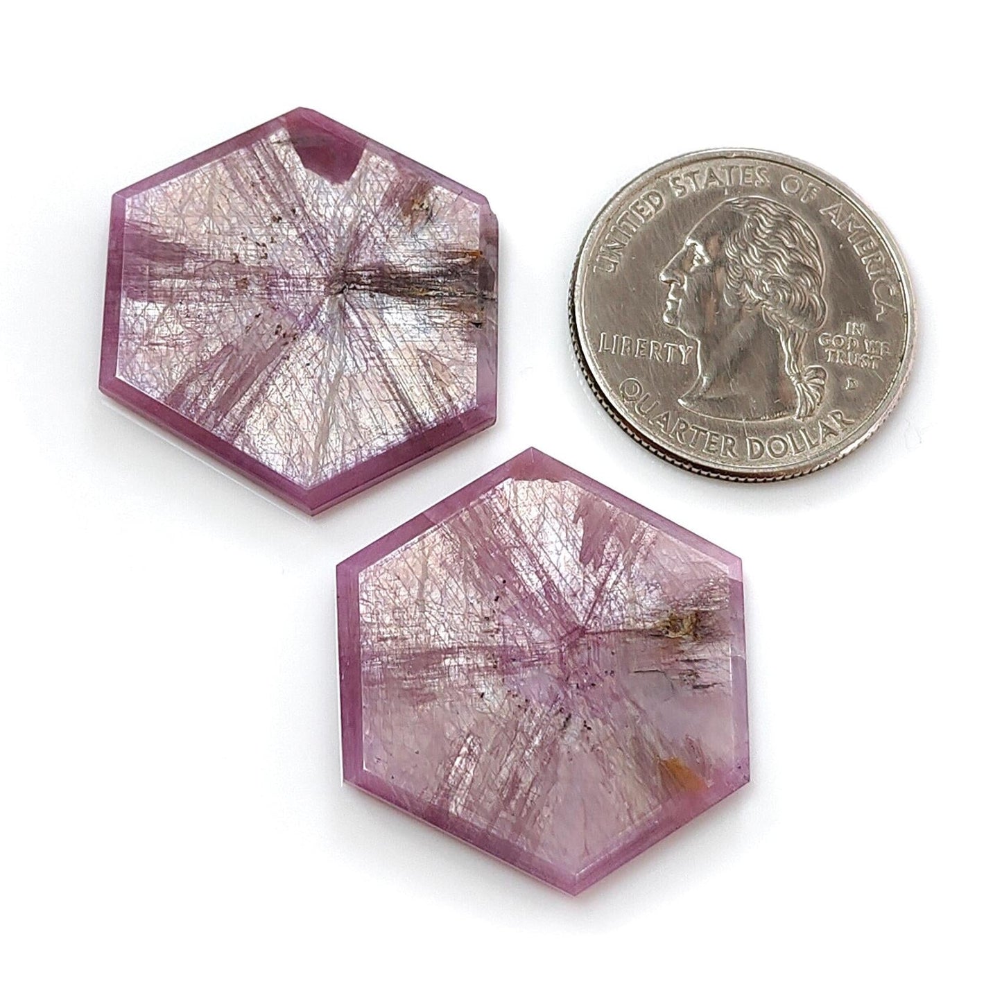 Rosemary Pink Sapphire Gemstone Flat Slices Trapiche : 56.60cts Natural Untreated Unheated Sheen Sapphire Hexagon Shape 30*27mm Pair