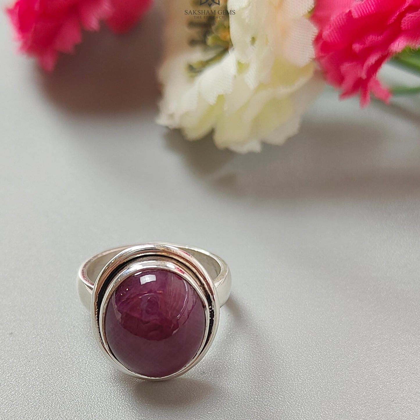 Red Ruby Silver Ring: 6.72gms. Natural Ruby Untreated Cabochon Oval Shape 925 Sterling Silver Bezel Set Ring 6 US