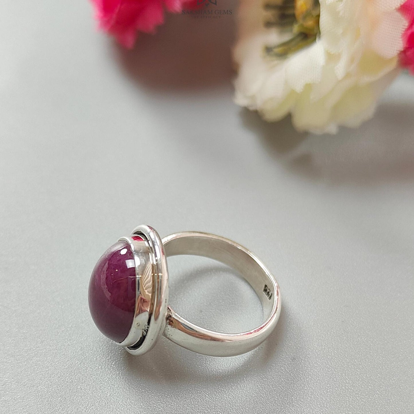 Red Ruby Silver Ring: 6.72gms. Natural Ruby Untreated Cabochon Oval Shape 925 Sterling Silver Bezel Set Ring 6 US