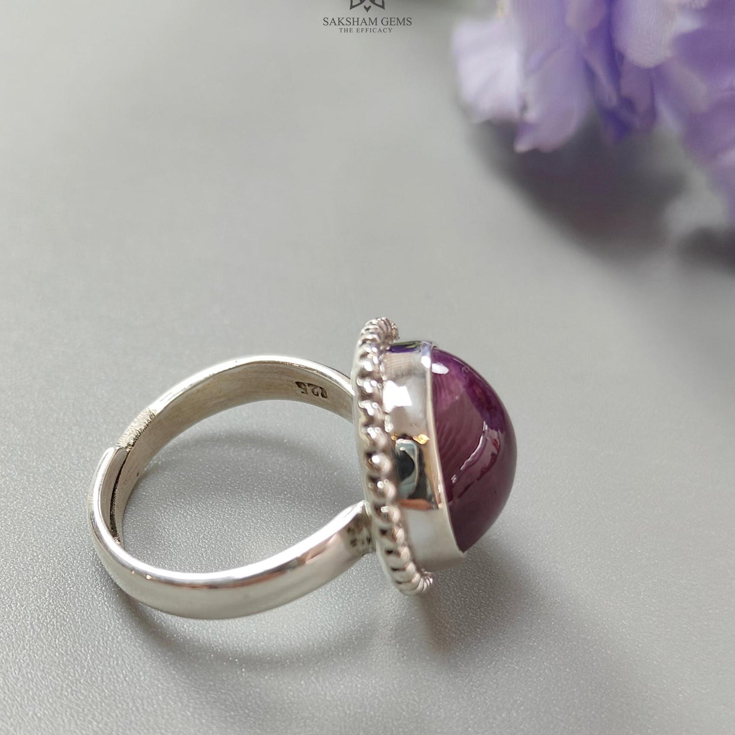 Red Ruby Silver Ring: 8.15gms. Natural Ruby Untreated Cabochon Round Shape 925 Sterling Silver Bezel Set Ring Adjustable