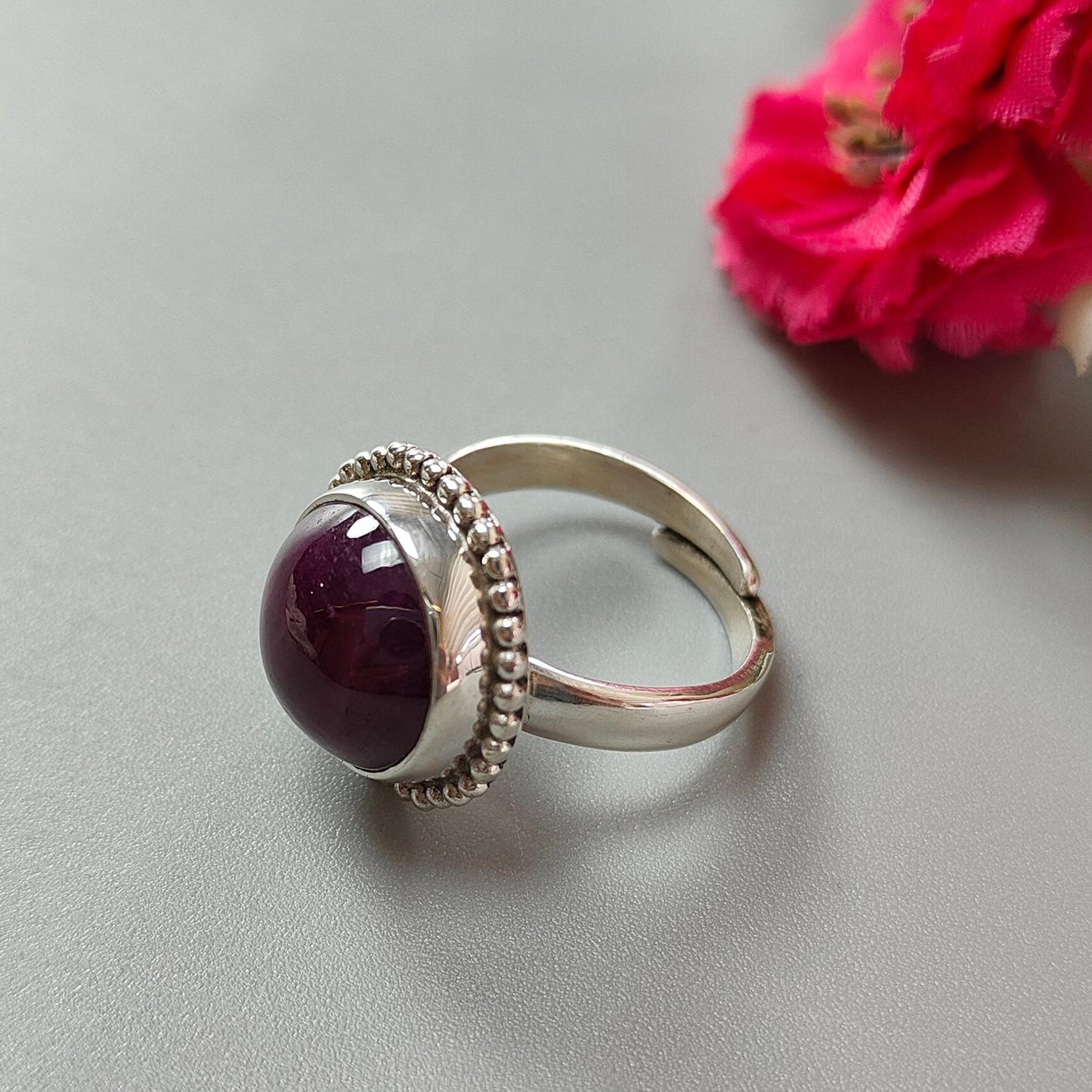 Red Ruby Silver Ring: 8.15gms. Natural Ruby Untreated Cabochon Round Shape 925 Sterling Silver Bezel Set Ring Adjustable