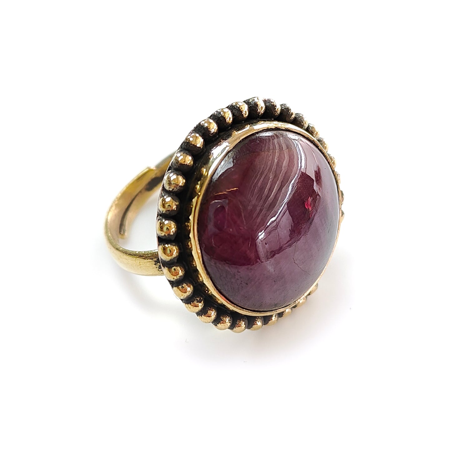Red Ruby Cabochon Ring: 12.17gms Natural Untreated Ruby Round Shape Plain Brass Bezel Set Adjustable Ring