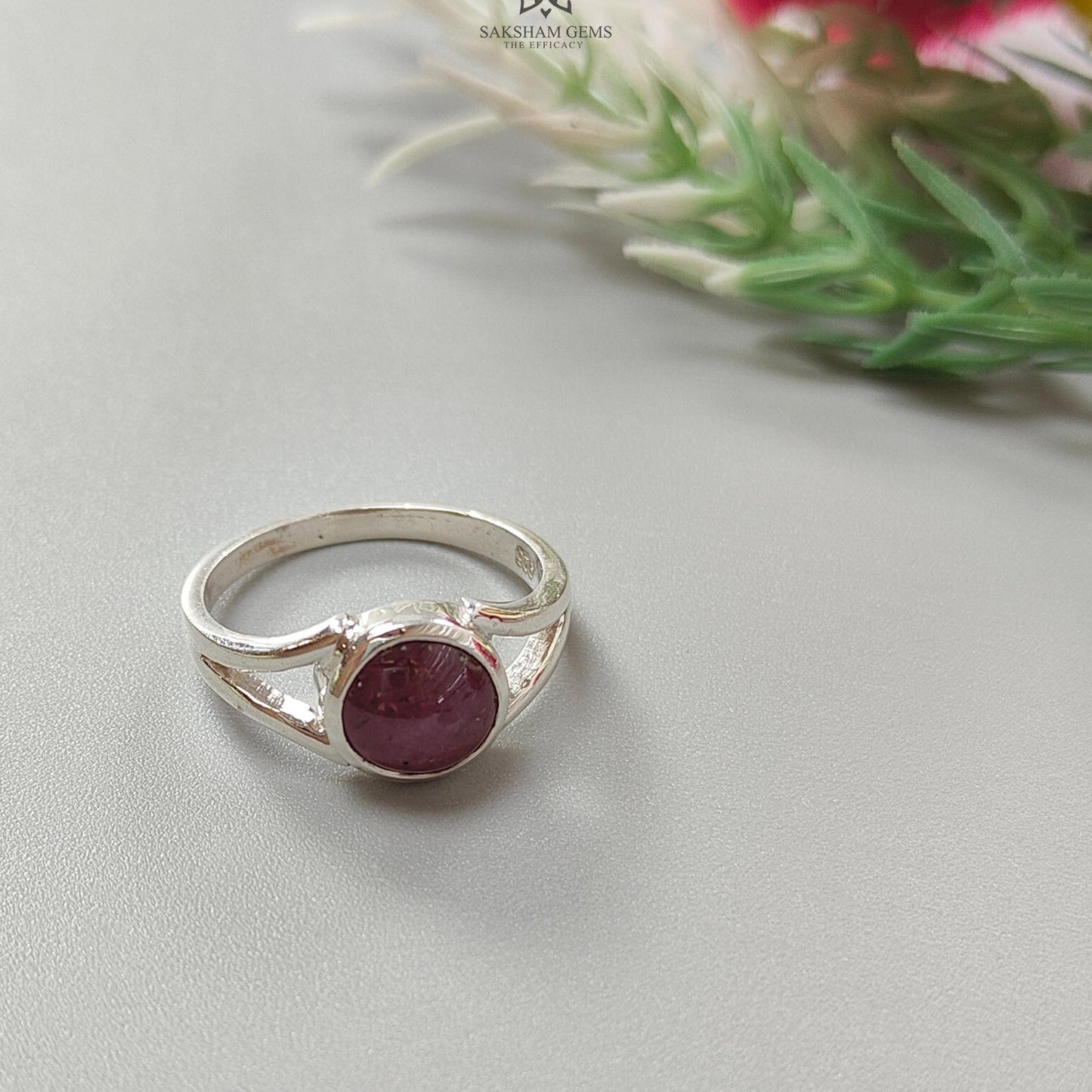 Star Ruby Silver Ring: 7.18gms Natural Star Ruby Untreated Cabochon Round Shape 925 Sterling Silver Bezel Set 8 US Ring